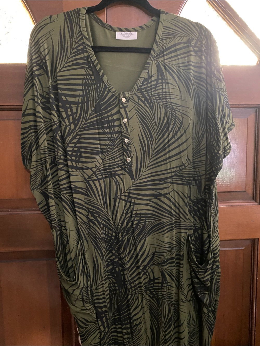 Dwell + Slumber Olive Green Palm-Print Cocoon Dress